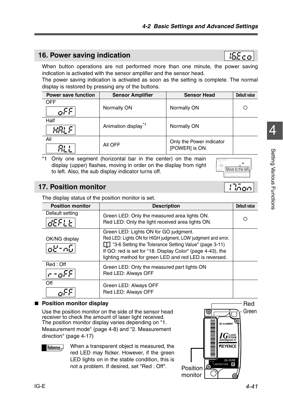 Power saving indication, Position monitor, Red green position monitor | 2 basic settings and advanced settings, Position monitor display, Reference, Ig-e | KEYENCE IG Series User Manual | Page 99 / 164