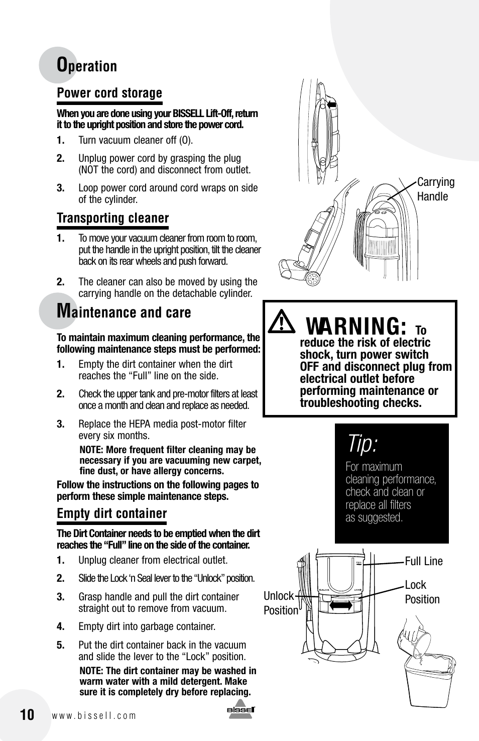 Warning, Peration, Aintenance and care | Bissell 3750 SERIES-220-240V EN User Manual | Page 10 / 20