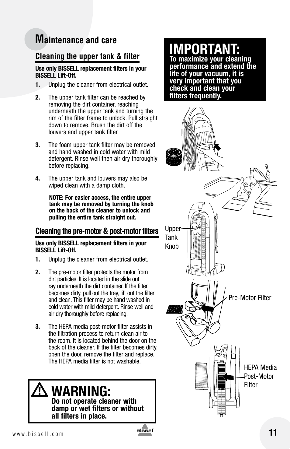 Important, Warning, Aintenance and care | Bissell 3750 SERIES-220-240V EN User Manual | Page 11 / 20