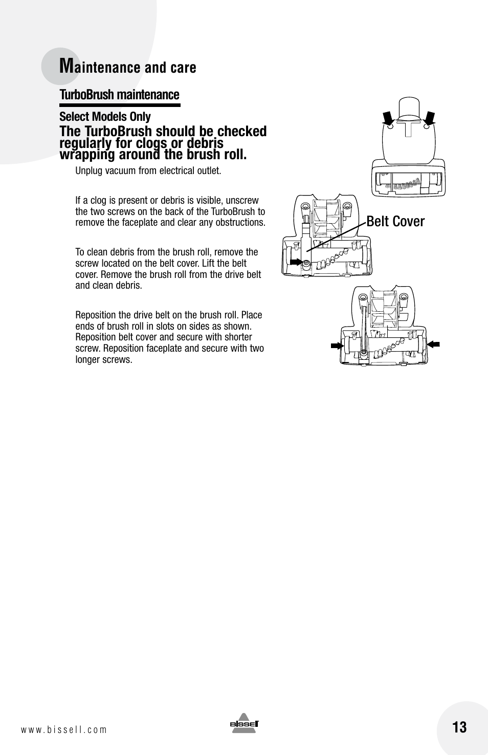Aintenance and care belt cover | Bissell 3750 SERIES-220-240V EN User Manual | Page 13 / 20