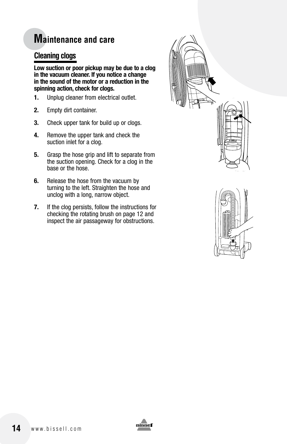 Aintenance and care, Cleaning clogs | Bissell 3750 SERIES-220-240V EN User Manual | Page 14 / 20