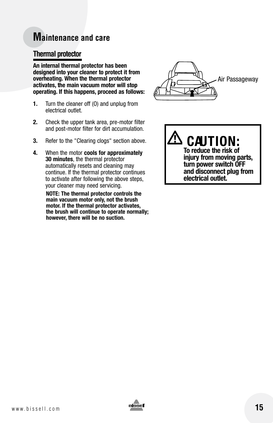 Caution, Aintenance and care | Bissell 3750 SERIES-220-240V EN User Manual | Page 15 / 20