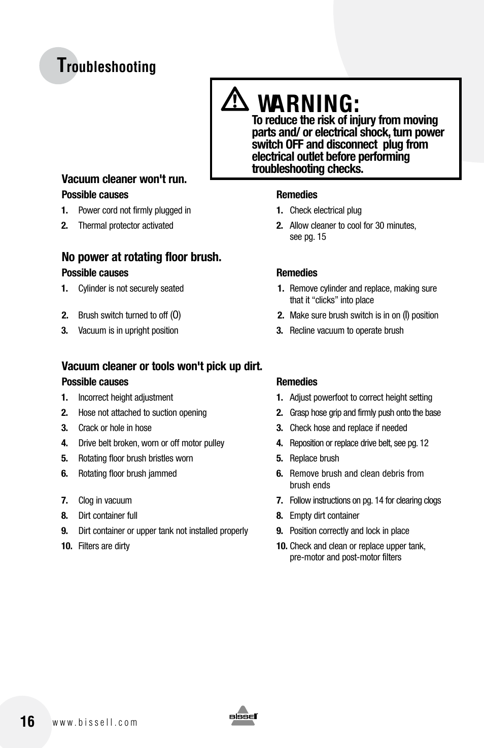 Warning, Roubleshooting, No power at rotating floor brush | Bissell 3750 SERIES-220-240V EN User Manual | Page 16 / 20