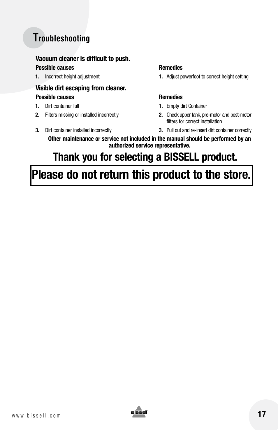 Please do not return this product to the store, Roubleshooting | Bissell 3750 SERIES-220-240V EN User Manual | Page 17 / 20