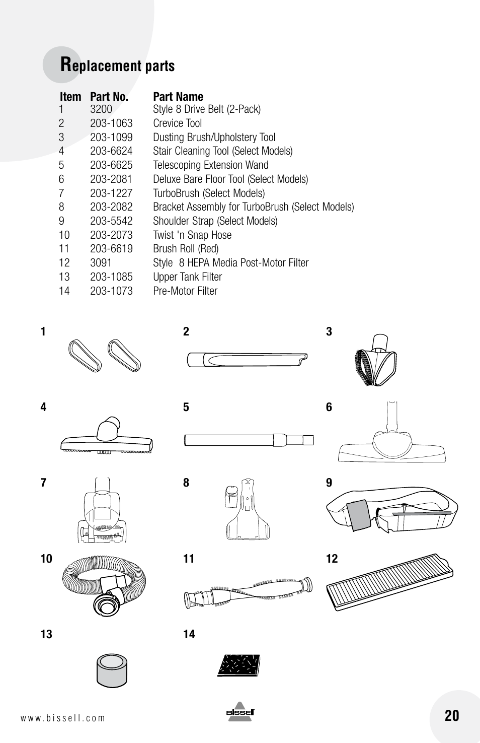 Eplacement parts | Bissell 3750 SERIES-220-240V EN User Manual | Page 19 / 20