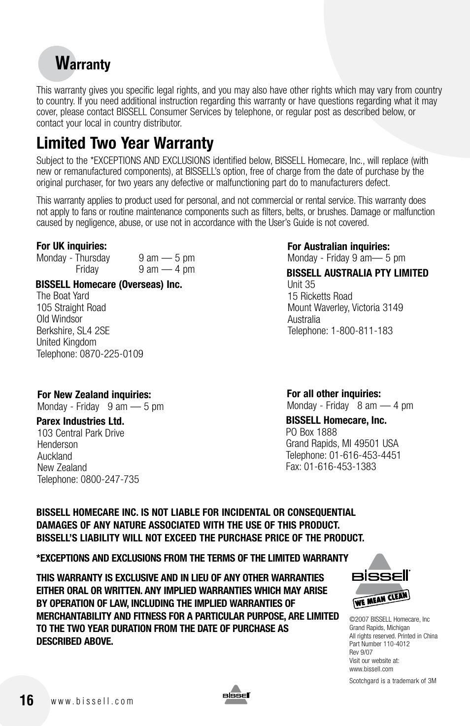 Limited two year warranty, Arranty | Bissell 3750 SERIES-220-240V EN User Manual | Page 20 / 20