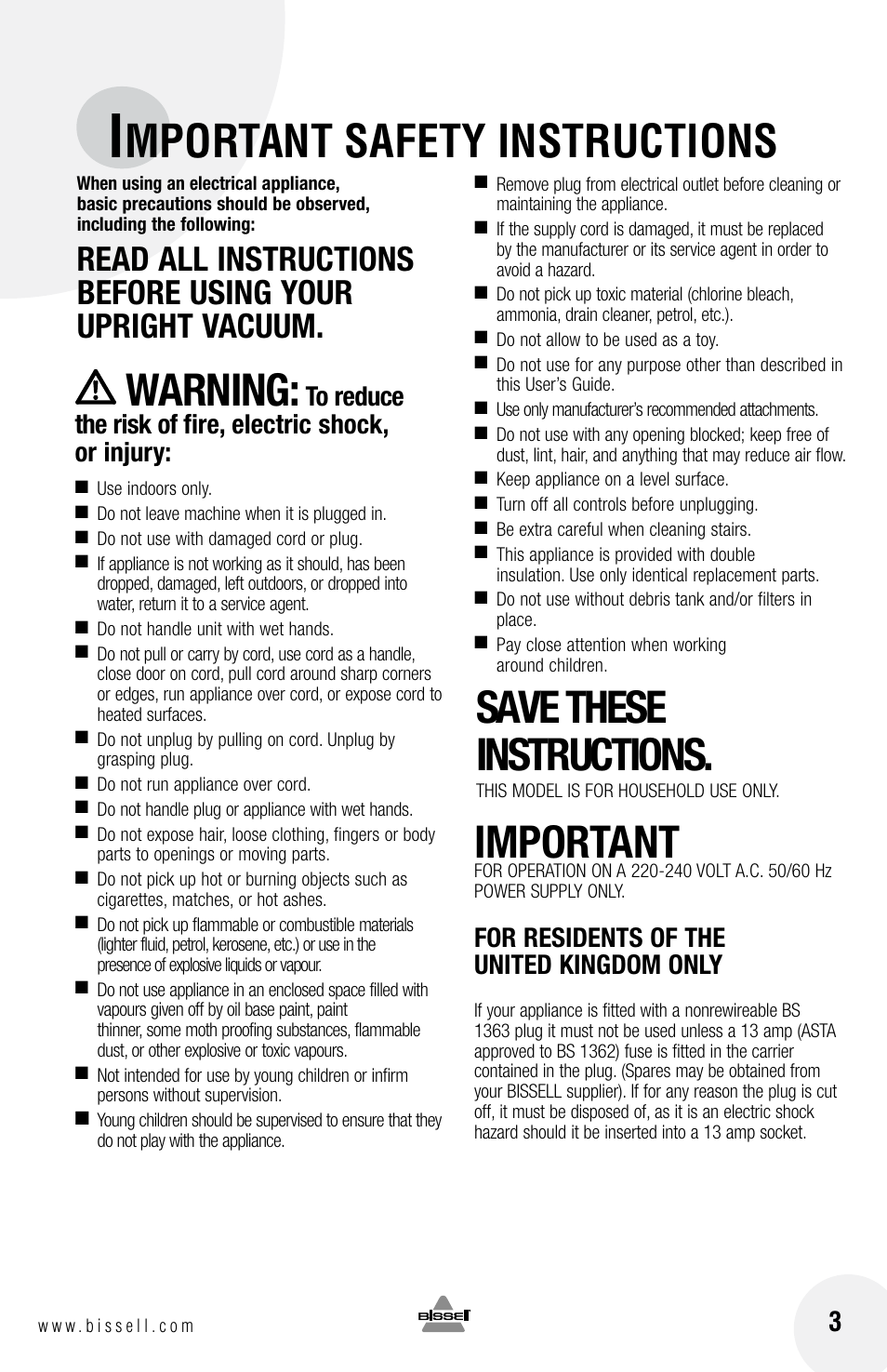 Mportant safety instructions, Warning, Save these instructions | Important, For residents of the united kingdom only | Bissell 3750 SERIES-220-240V EN User Manual | Page 3 / 20