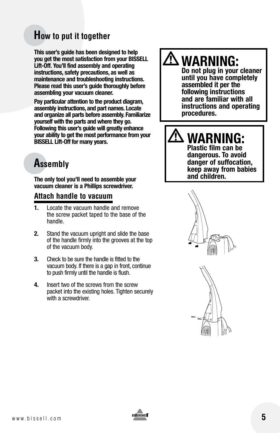 Warning, Ow to put it together, Ssembly | Bissell 3750 SERIES-220-240V EN User Manual | Page 5 / 20