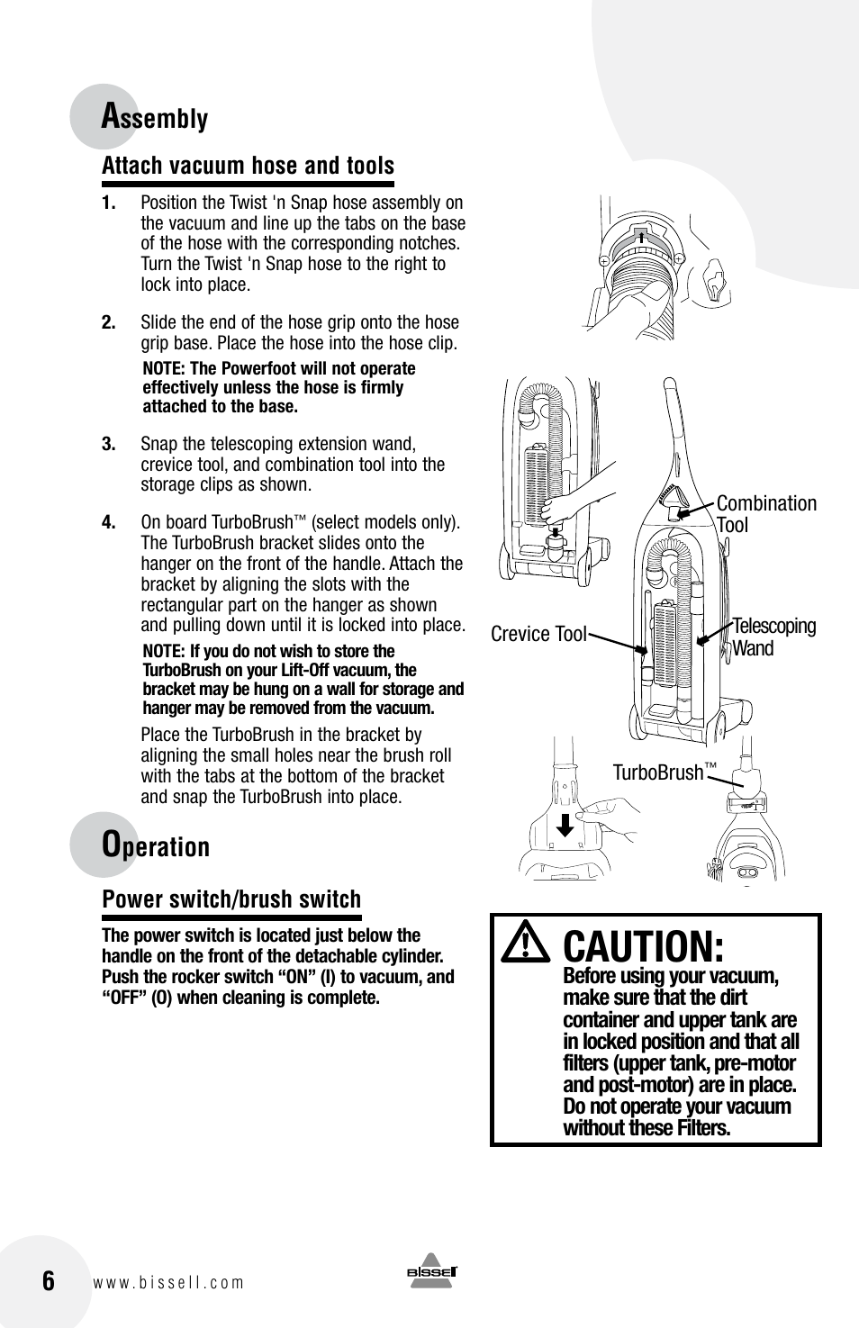 Caution, Ssembly 6, Peration | Bissell 3750 SERIES-220-240V EN User Manual | Page 6 / 20