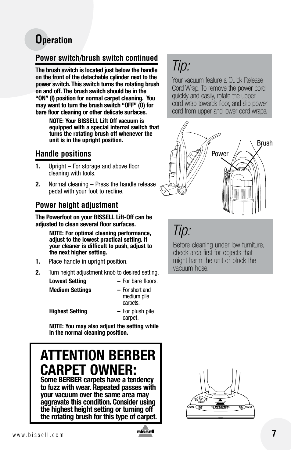 Attention berber carpet owner, Peration 7 | Bissell 3750 SERIES-220-240V EN User Manual | Page 7 / 20