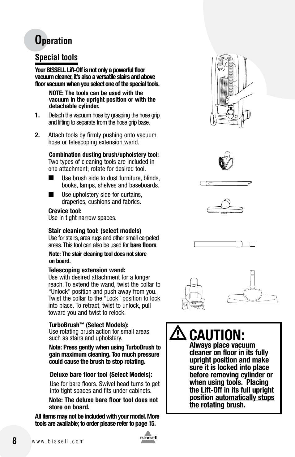 Caution, Peration, Special tools | Bissell 3750 SERIES-220-240V EN User Manual | Page 8 / 20