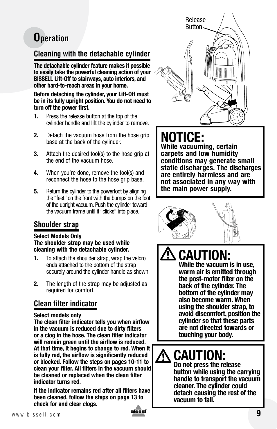 Caution, Notice, Peration | Bissell 3750 SERIES-220-240V EN User Manual | Page 9 / 20