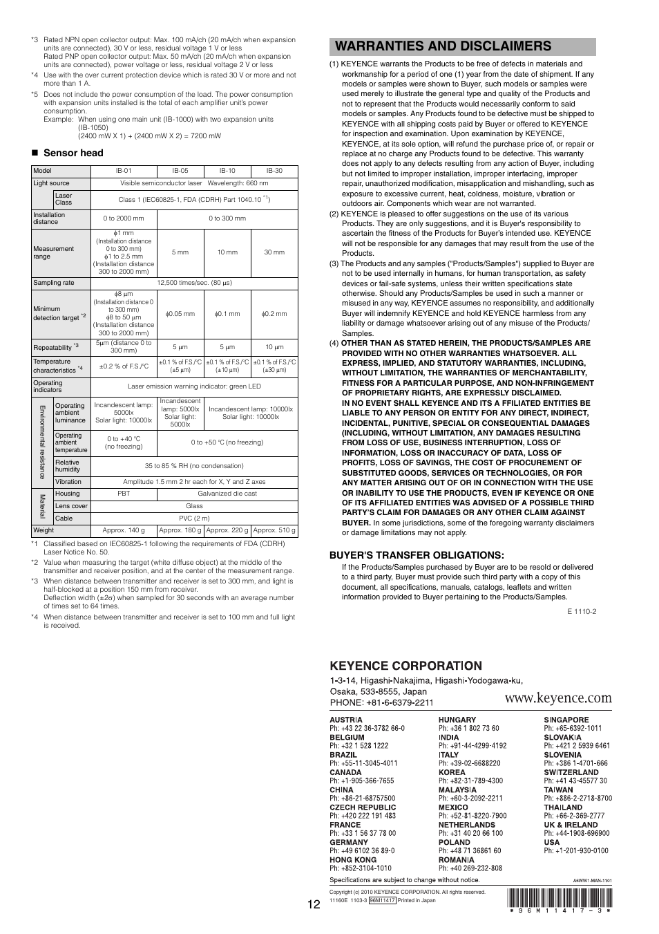 Sensor head, Warranties and disclaimers, Buyer's transfer obligations | KEYENCE IB Series User Manual | Page 12 / 12