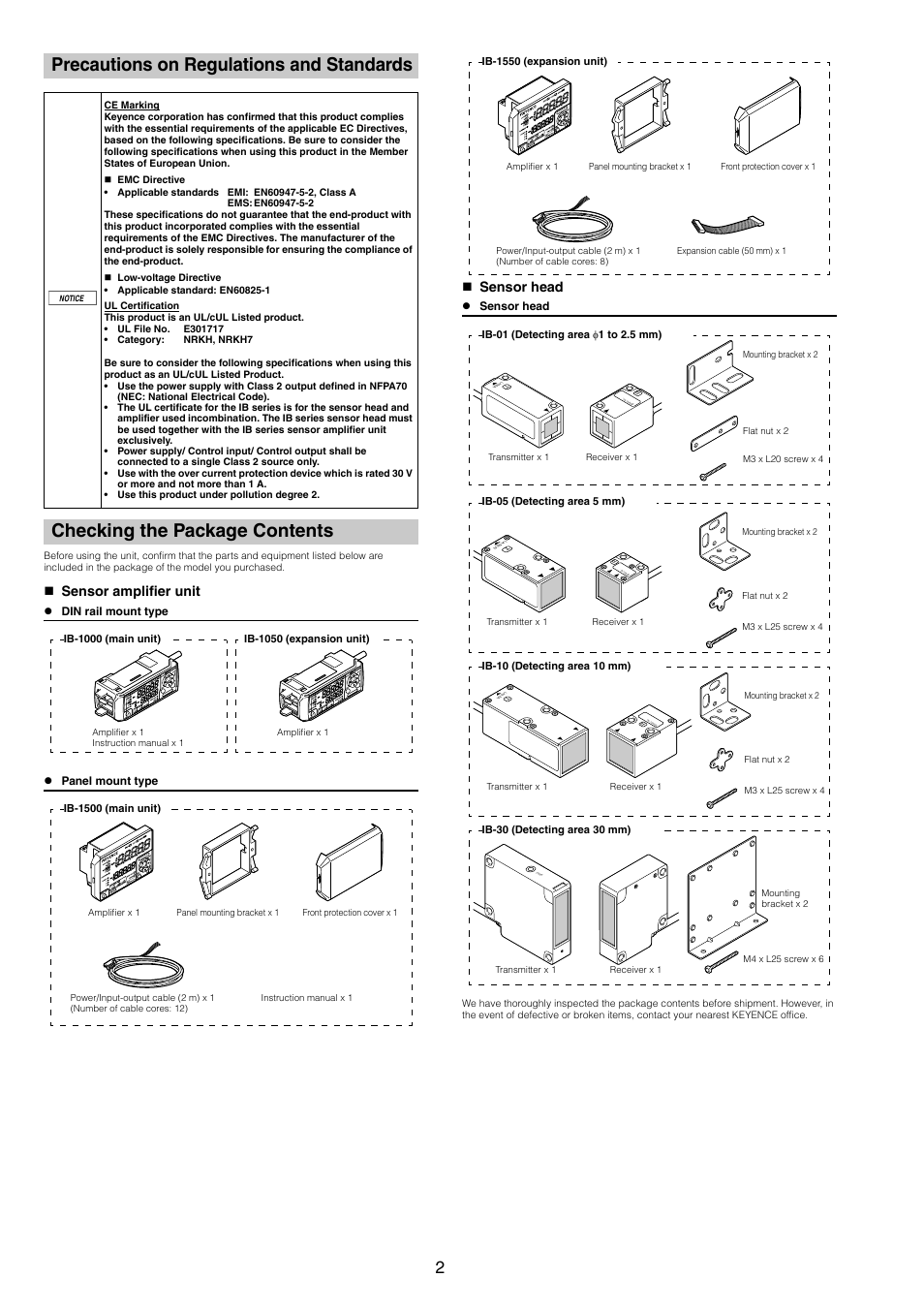 Precautions on regulations and standards, Checking the package contents, Sensor amplifier unit | Sensor head, Zdin rail mount type z panel mount type, Zsensor head | KEYENCE IB Series User Manual | Page 2 / 12