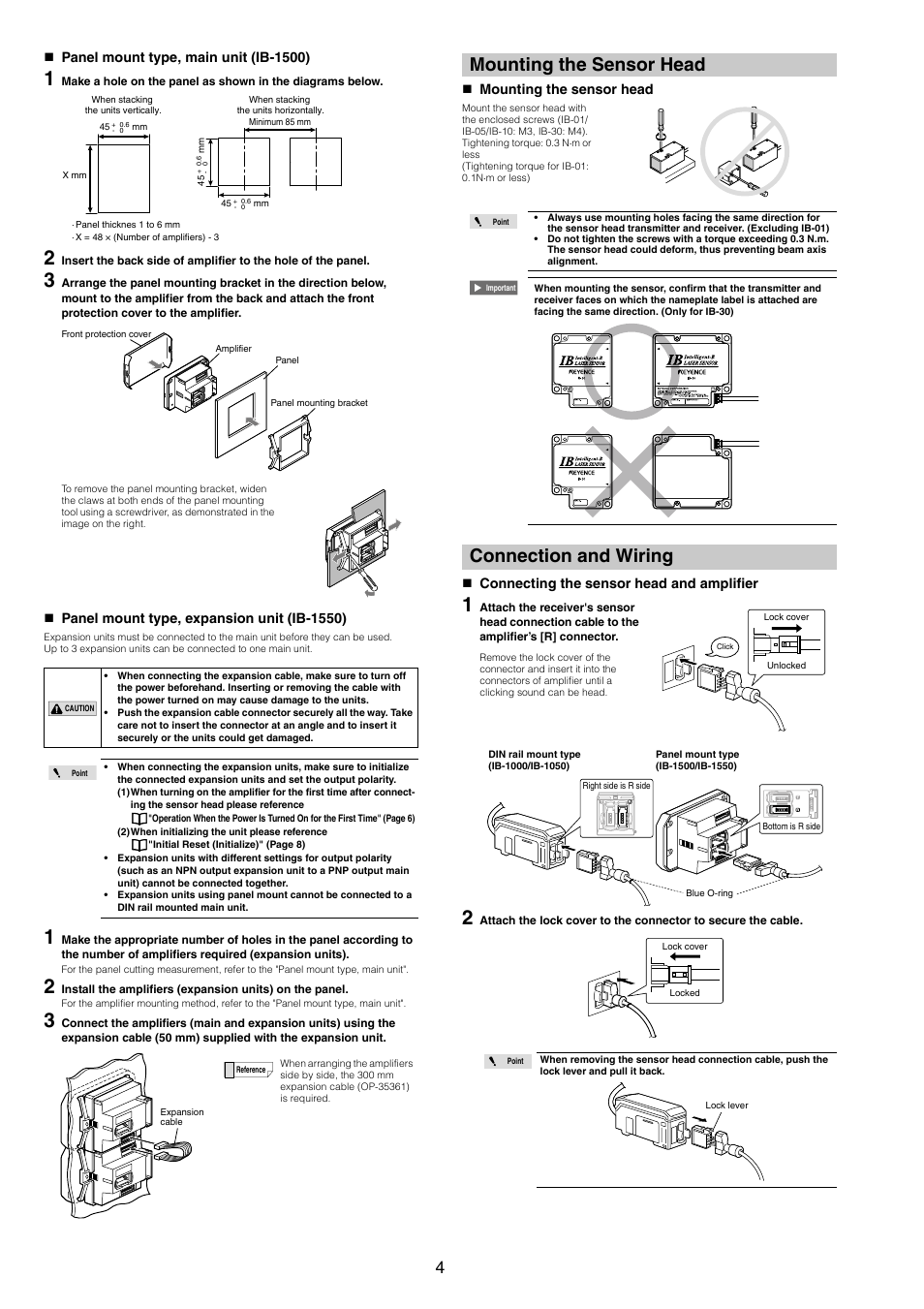 Panel mount type, main unit (ib-1500), Panel mount type, expansion unit (ib-1550), Mounting the sensor head | Connection and wiring, Connecting the sensor head and amplifier | KEYENCE IB Series User Manual | Page 4 / 12