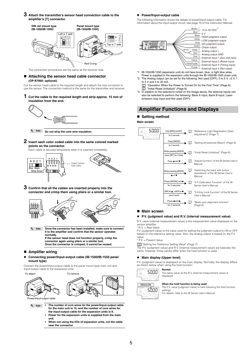 Amplifier wiring, Amplifier functions and displays, Setting method | Main screen, Attaching the sensor head cable connector | KEYENCE IB Series User Manual | Page 5 / 12