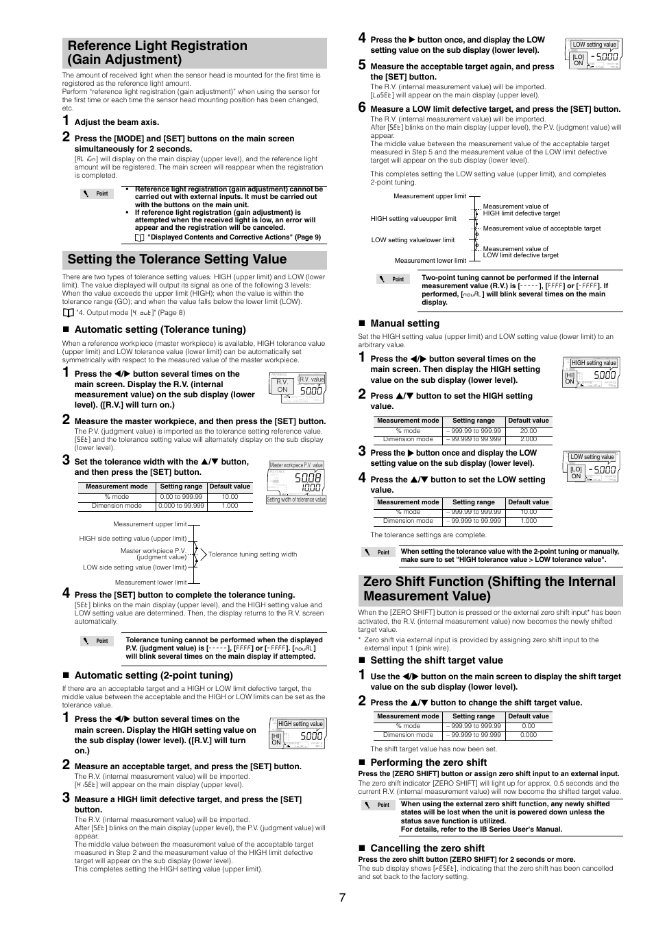 Reference light registration (gain adjustment), Setting the tolerance setting value, Automatic setting (tolerance tuning) | Automatic setting (2-point tuning), Manual setting, Setting the shift target value, Performing the zero shift, Cancelling the zero shift | KEYENCE IB Series User Manual | Page 7 / 12