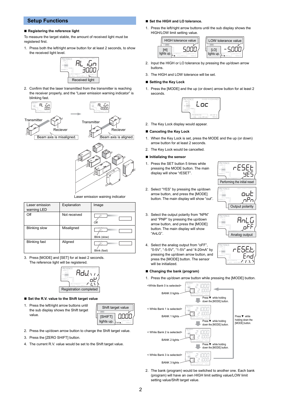 Setup functions, Lase r, Re s a l | Blinking slow misaligned, Blinking fast aligned, Hi] lights up. low tolerance value [lo] lights up, Received light, High tolerance value | KEYENCE IB Series User Manual | Page 2 / 3