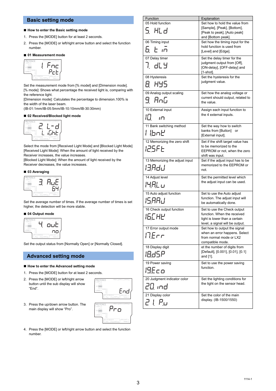 Basic setting mode, Advanced setting mode | KEYENCE IB Series User Manual | Page 3 / 3