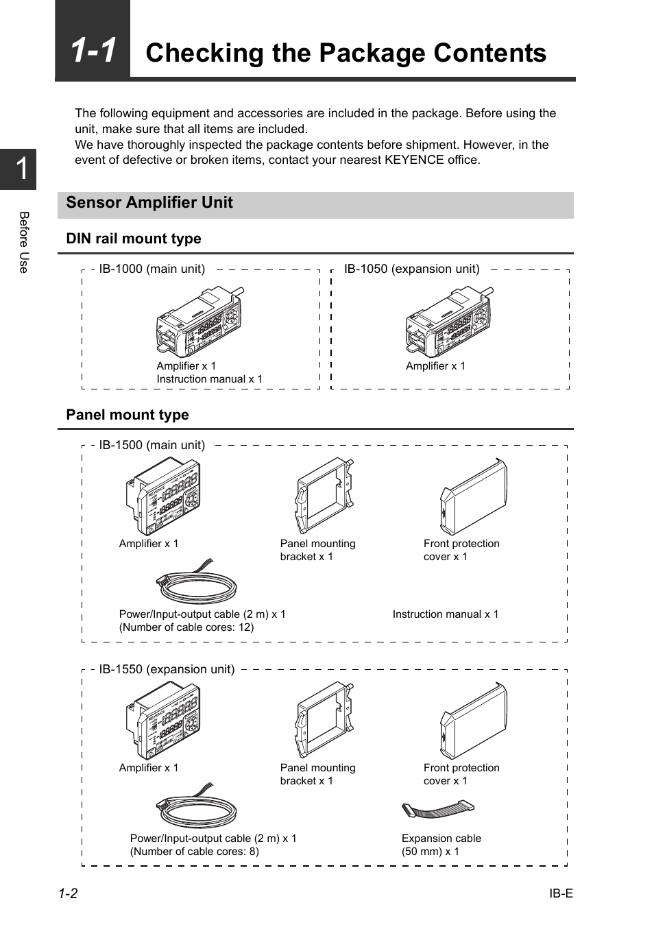 1 checking the package contents, Sensor amplifier unit, 1 checking the package contents -2 | Sensor amplifier unit -2, Checking the package contents -2, Checking the package contents | KEYENCE IB Series User Manual | Page 10 / 124