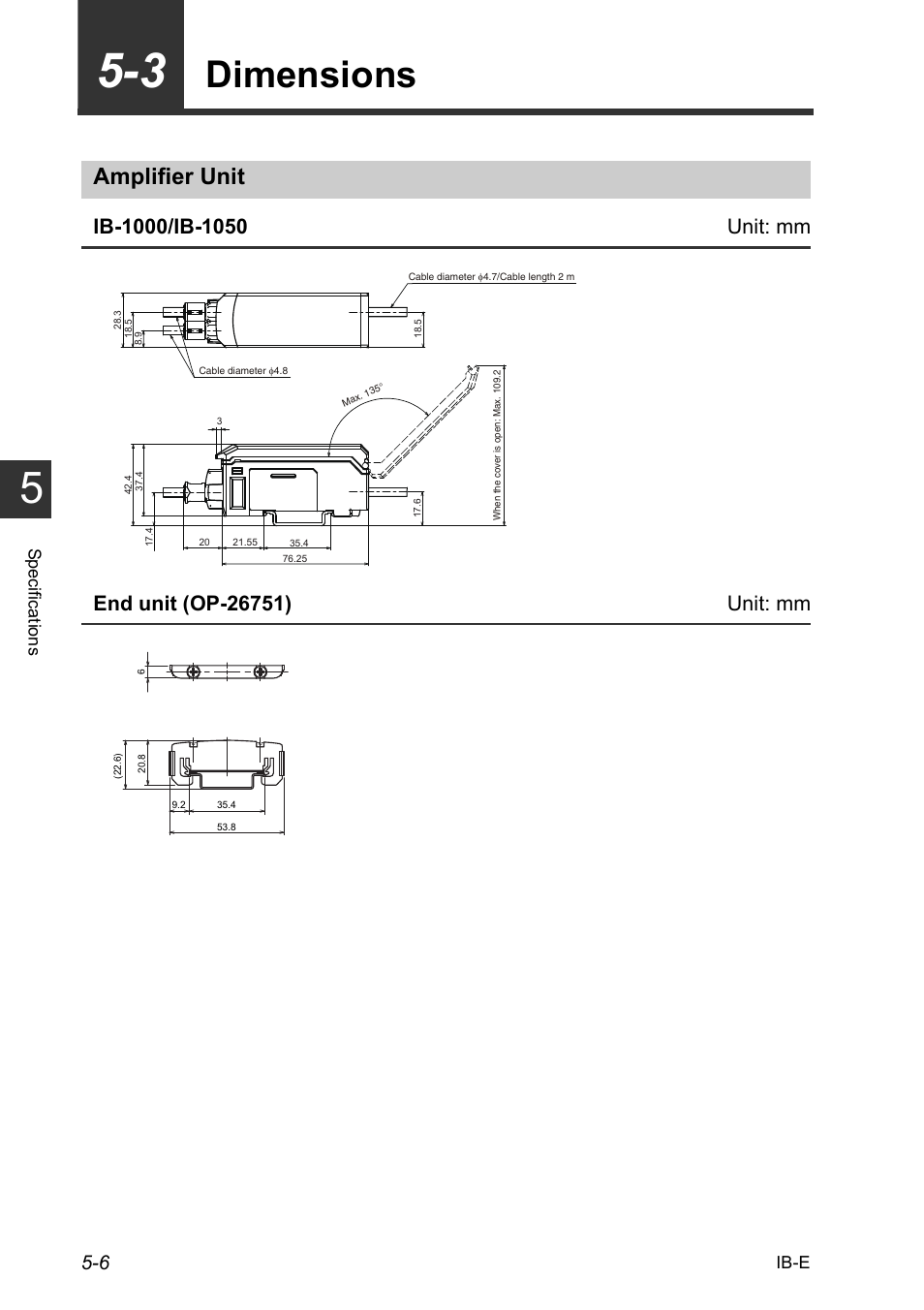 3 dimensions, Amplifier unit, 3 dimensions -6 | Amplifier unit -6, Dimensions -6, Dimensions | KEYENCE IB Series User Manual | Page 104 / 124