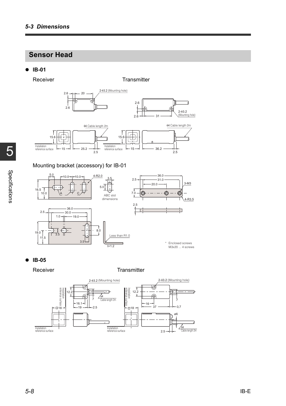 Sensor head, Sensor head -8, 3 dimensions | Spec ificat ions ib-e  ib-01  ib-05, Receiver transmitter | KEYENCE IB Series User Manual | Page 106 / 124