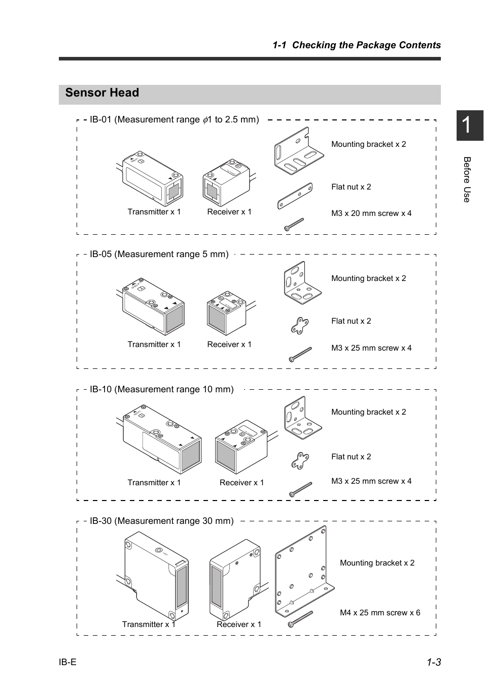 Sensor head, Sensor head -3, 1 checking the package contents | Bef o re u se ib-e, Ib-01 (measurement range, 1 to 2.5 mm), Ib-05 (measurement range 5 mm), Ib-10 (measurement range 10 mm), Ib-30 (measurement range 30 mm) | KEYENCE IB Series User Manual | Page 11 / 124