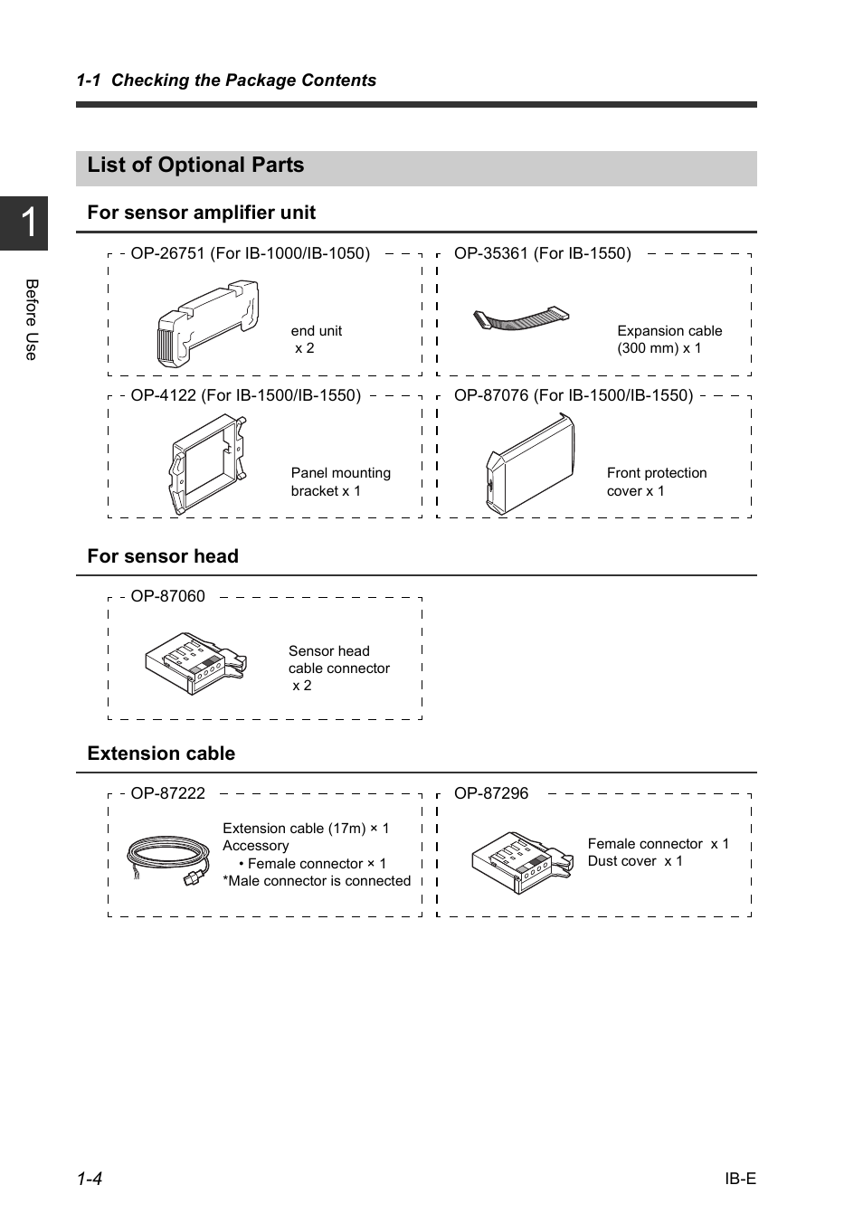 List of optional parts, List of optional parts -4 | KEYENCE IB Series User Manual | Page 12 / 124