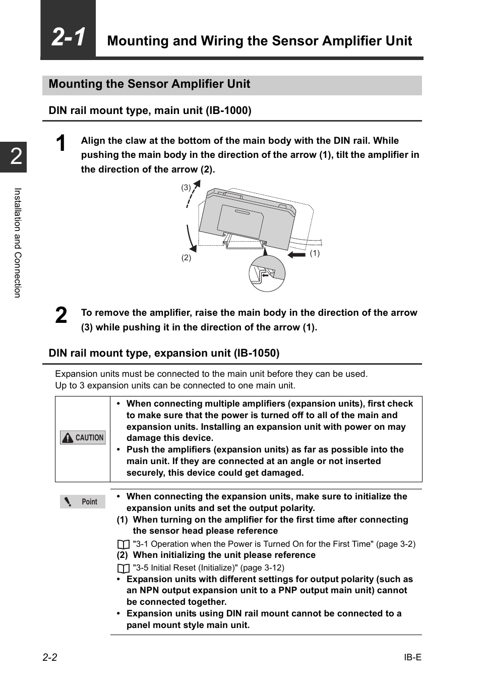 1 mounting and wiring the sensor amplifier unit, Mounting the sensor amplifier unit, 1 mounting and wiring the sensor amplifier unit -2 | Mounting the sensor amplifier unit -2, Mounting and wiring the sensor amplifier unit 2-2, Mounting and wiring the sensor amplifier unit | KEYENCE IB Series User Manual | Page 18 / 124