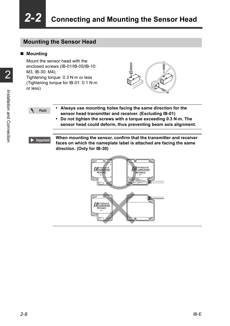 2 connecting and mounting the sensor head, Mounting the sensor head, 2 connecting and mounting the sensor head -8 | Mounting the sensor head -8, Connecting and mounting the sensor head -8, Connecting and mounting the sensor head | KEYENCE IB Series User Manual | Page 24 / 124