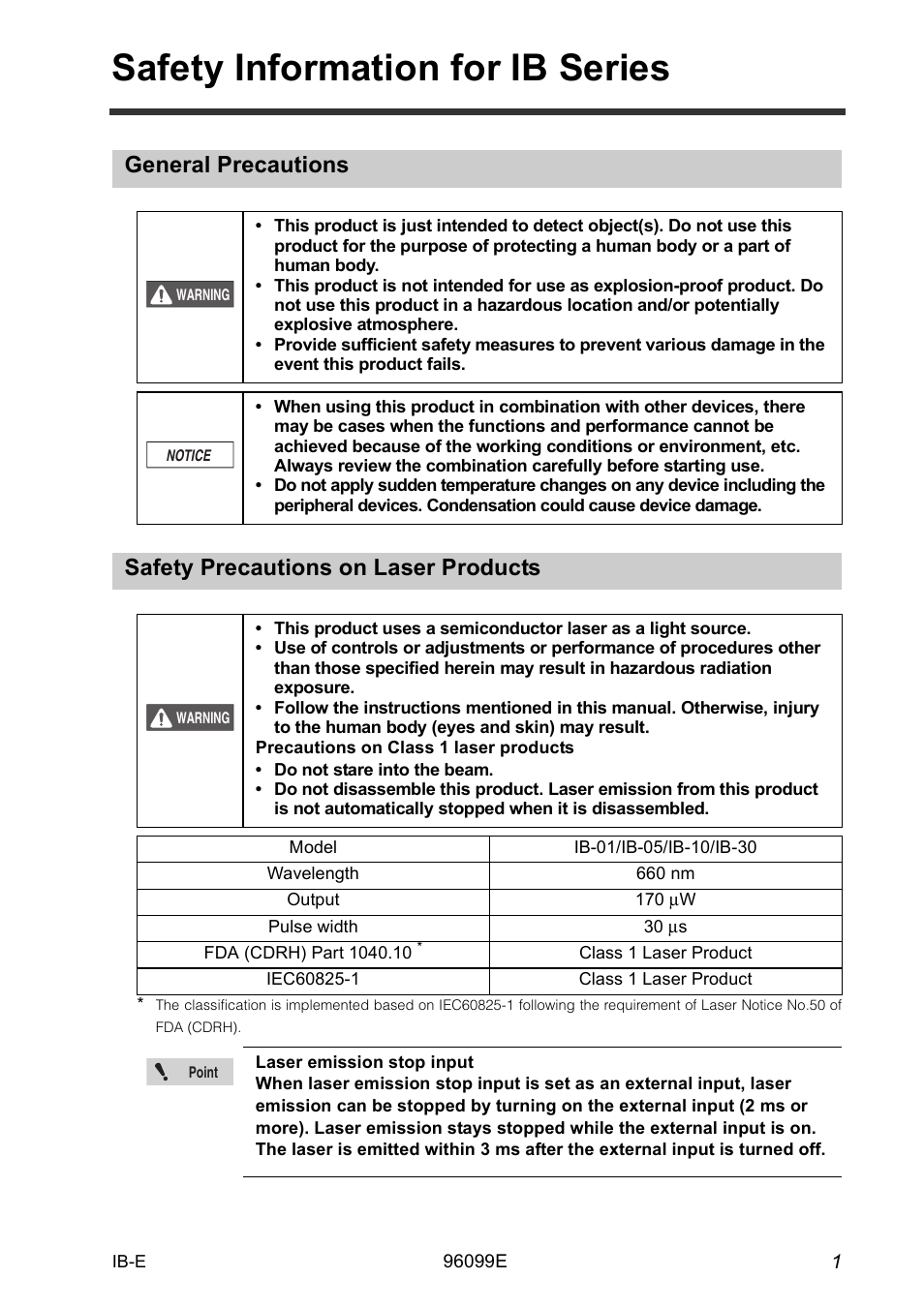 Safety information for ib series, General precautions, Safety precautions on laser products | KEYENCE IB Series User Manual | Page 3 / 124