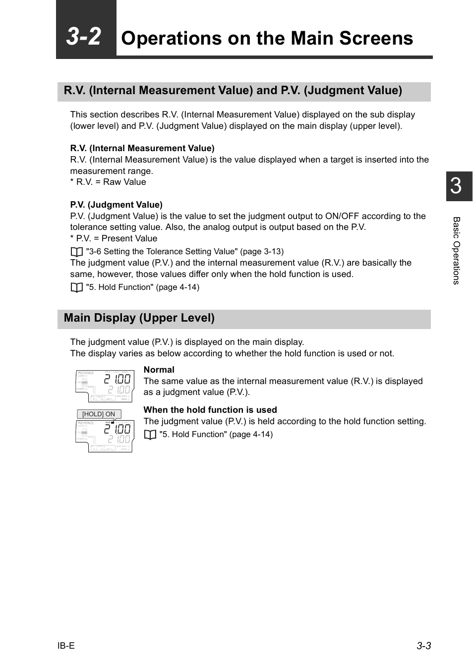 2 operations on the main screens, Main display (upper level), 2 operations on the main screens -3 | Operations on the main screens -3, Operations on the main screens, Ba sic o perat io ns ib-e, 6 setting the tolerance setting value" (page 3-13), Hold function" (page 4-14) | KEYENCE IB Series User Manual | Page 31 / 124