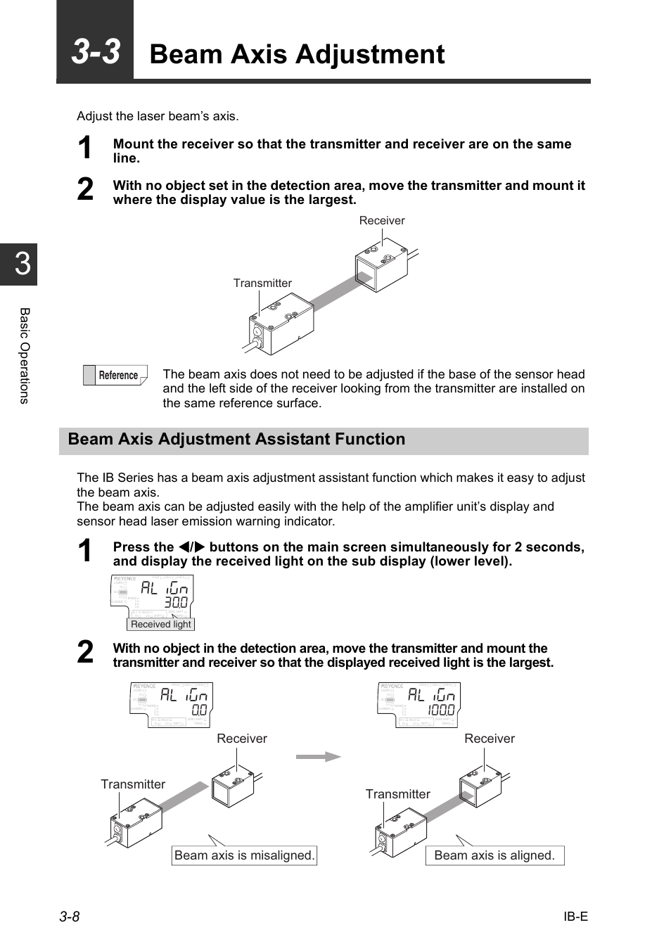 3 beam axis adjustment, Beam axis adjustment assistant function, 3 beam axis adjustment -8 | Beam axis adjustment assistant function -8, Beam axis adjustment -8, Gistration (gain adjustment) and adjust f, Beam axis adjustment, Beam axis is misaligned. transmitter receiver, Beam axis is aligned, Ib-e | KEYENCE IB Series User Manual | Page 36 / 124