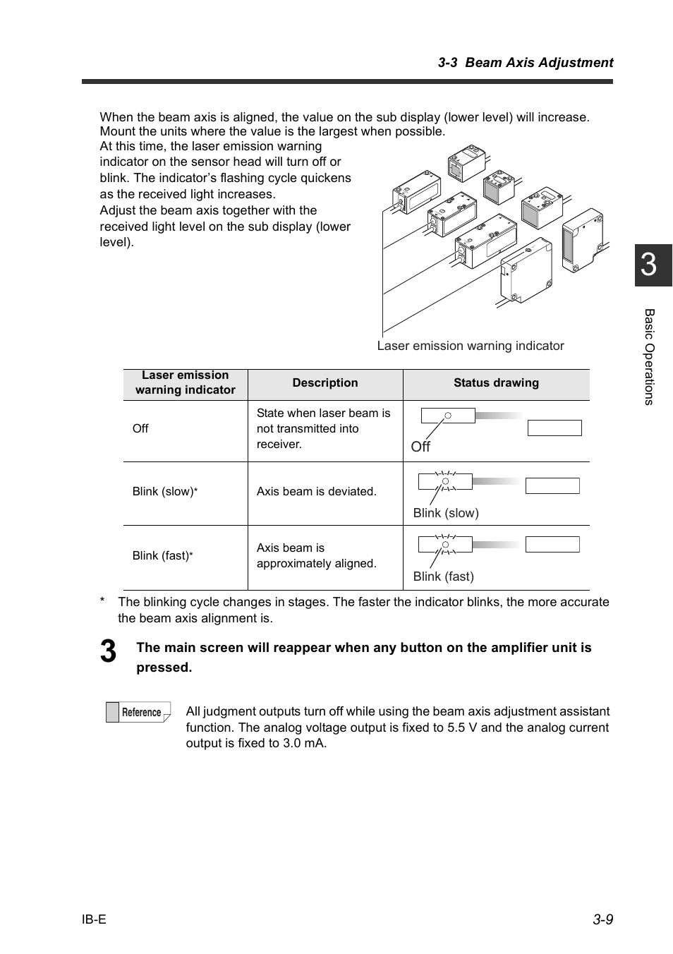 3 beam axis adjustment, Laser emission warning indicator, Blink (slow) blink (fast) | Ib-e, Axis beam is deviated. blink (fast), Axis beam is approximately aligned. reference | KEYENCE IB Series User Manual | Page 37 / 124