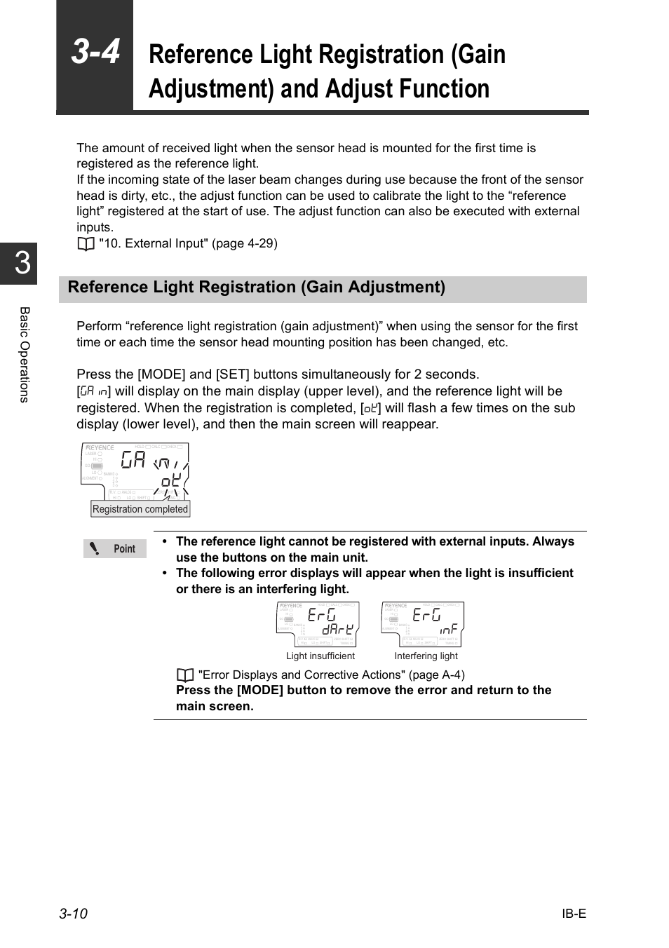 Reference light registration (gain adjustment), Reference light registration (gain adjustment) -10, Reference light registration (gain adjustment) and | Adjust function -10, Nd "3-4 reference, Ib-e, Ba sic o perat io ns, Point, Error displays and corrective actions" (page a-4), Registration completed | KEYENCE IB Series User Manual | Page 38 / 124