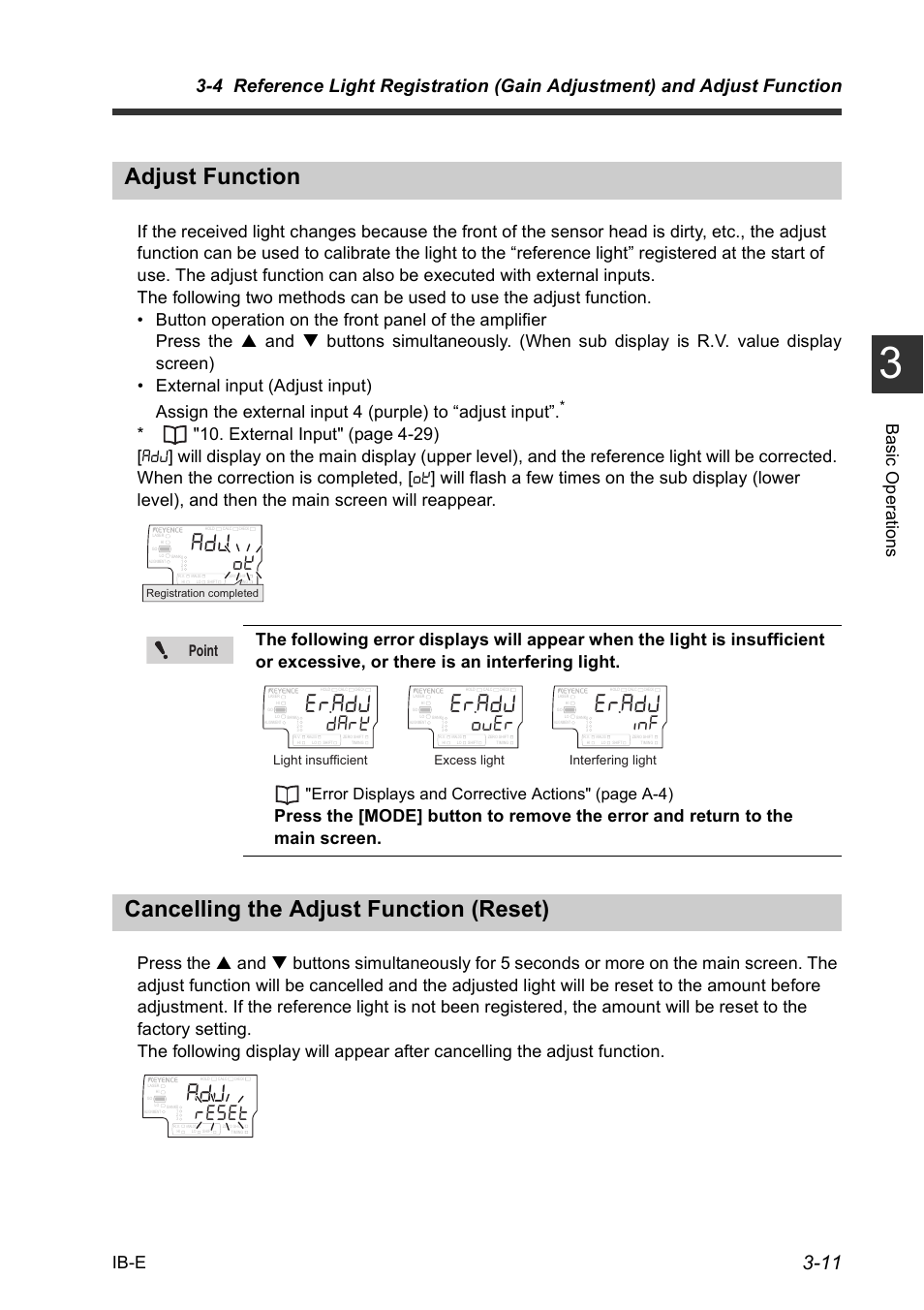 Adjust function, Cancelling the adjust function (reset), T#f | Qx't, T'5'v, Ib-e, Point, Error displays and corrective actions