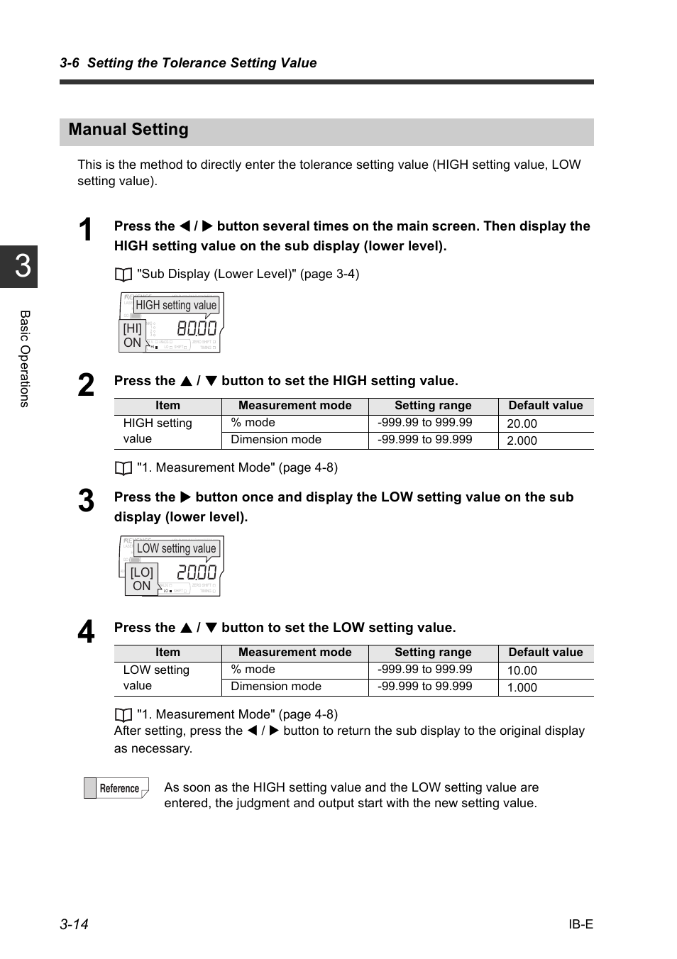 Manual setting, Manual setting -14, 6 setting the tolerance setting value | Hi] on high setting value, Low setting value [lo] on | KEYENCE IB Series User Manual | Page 42 / 124