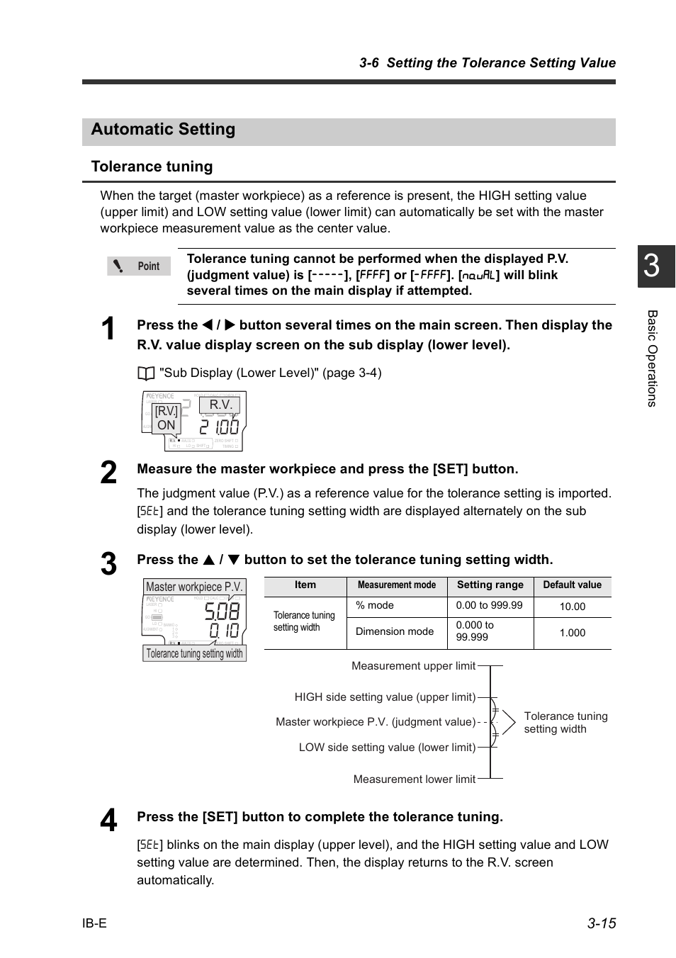 Automatic setting, Automatic setting -15, Tolerance tuning | 6 setting the tolerance setting value, R.v. [r.v.] on | KEYENCE IB Series User Manual | Page 43 / 124