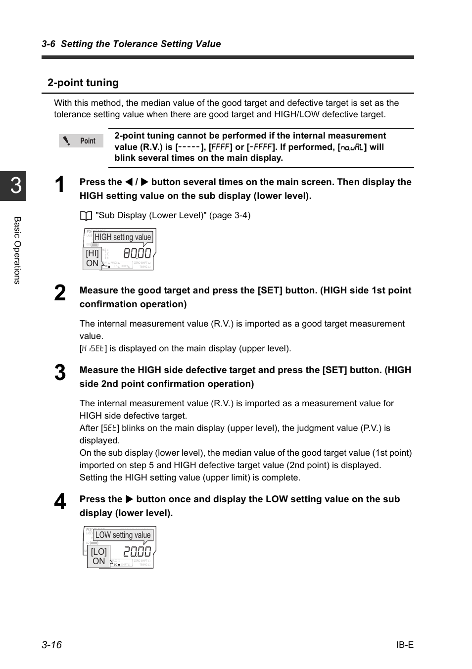 Point tuning, 6 setting the tolerance setting value, Hi] on high setting value | Low setting value [lo] on | KEYENCE IB Series User Manual | Page 44 / 124