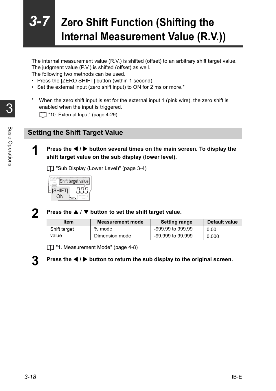 Setting the shift target value, Setting the shift target value -18, Zero shift function (shifting the internal | Measurement value (r.v.)) -18 | KEYENCE IB Series User Manual | Page 46 / 124