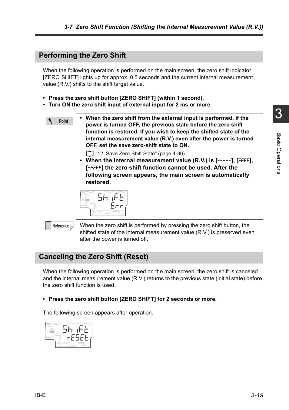 Performing the zero shift, Canceling the zero shift (reset), 5jkhv | Tgugv, When the internal measurement value (r.v.) is, Ib-e | KEYENCE IB Series User Manual | Page 47 / 124