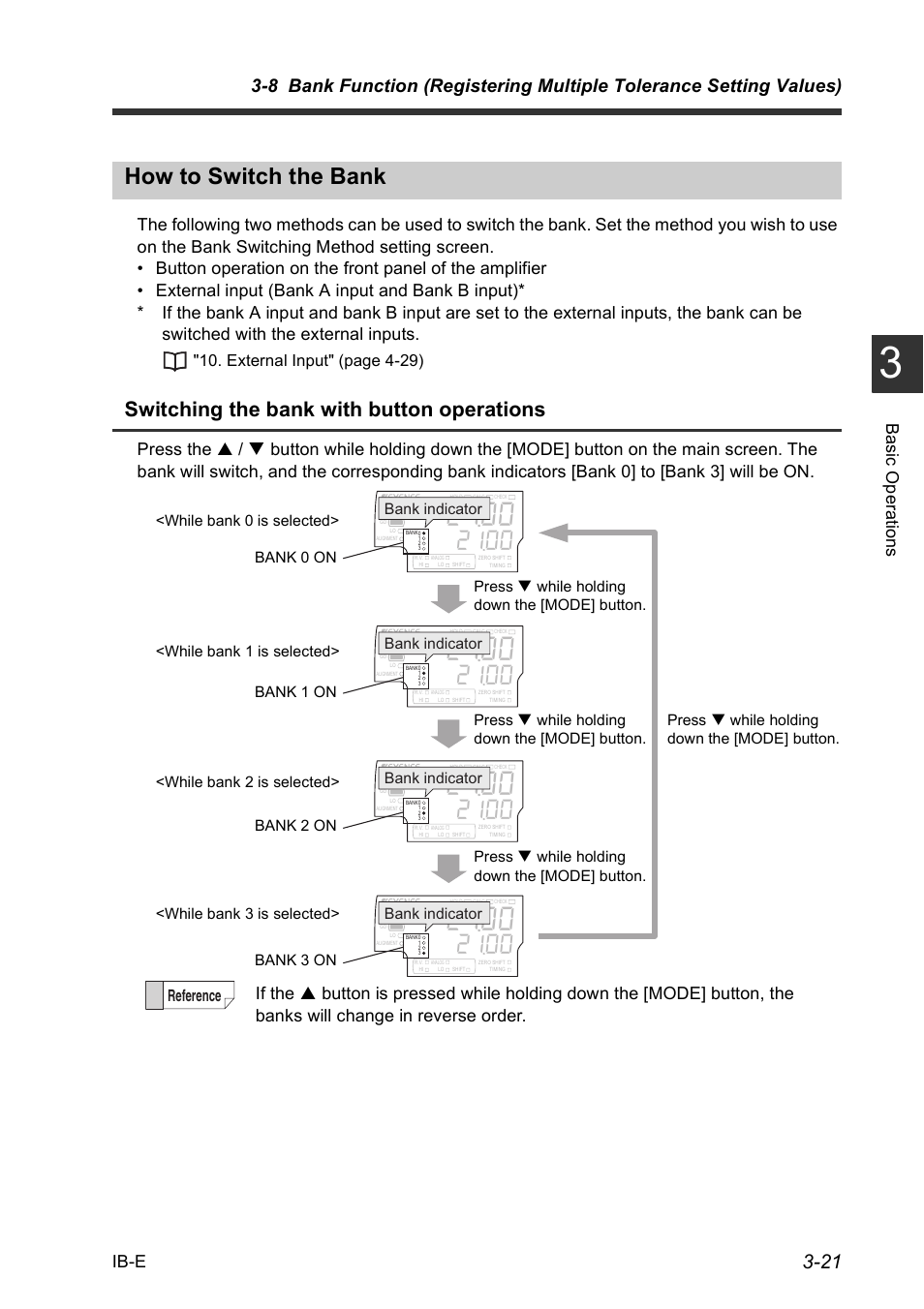 How to switch the bank, How to switch the bank -21, Switching the bank with button operations | Ib-e, External input" (page 4-29), Reference, Bank indicator | KEYENCE IB Series User Manual | Page 49 / 124