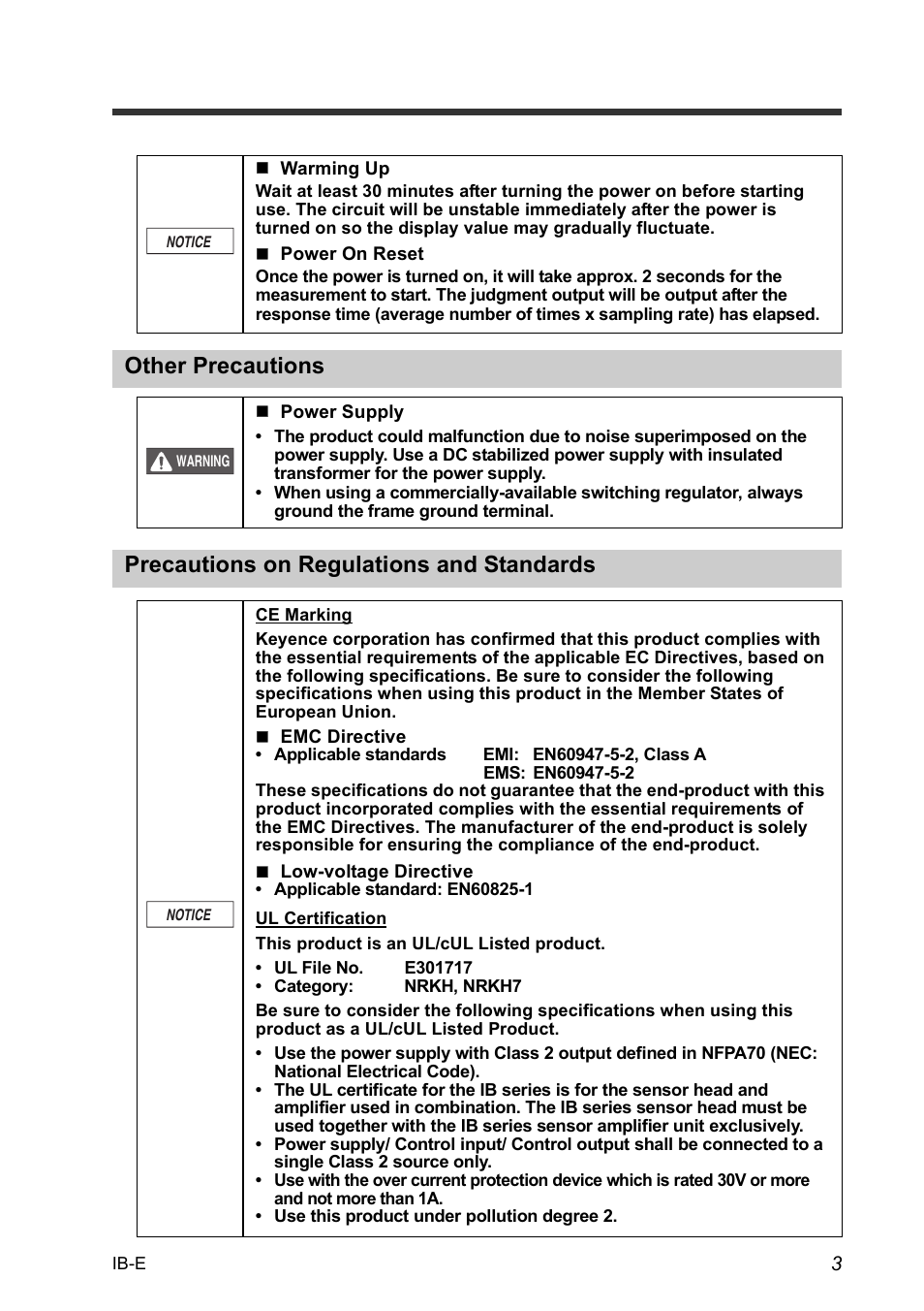 Other precautions, Precautions on regulations and standards | KEYENCE IB Series User Manual | Page 5 / 124