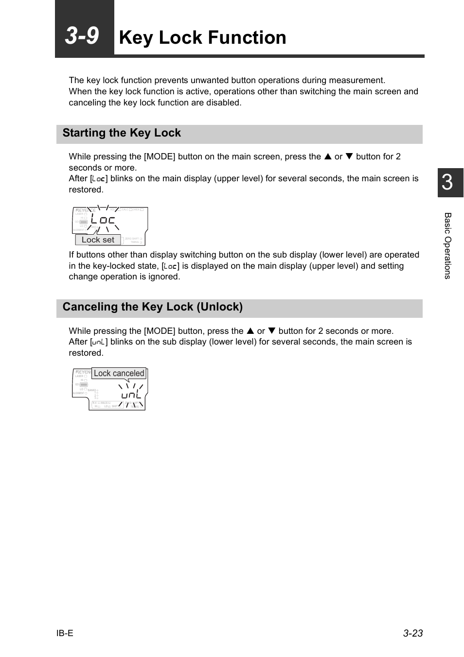 9 key lock function, Starting the key lock, Canceling the key lock (unlock) | 9 key lock function -23, Key lock function -23, Key lock function, Lock canceled, Ba sic o perat io ns ib-e, Lock set | KEYENCE IB Series User Manual | Page 51 / 124