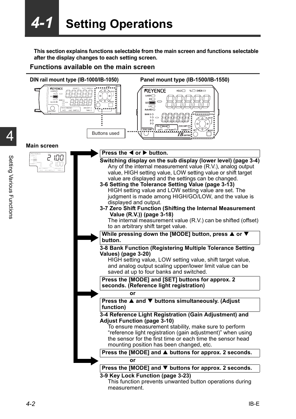 1 setting operations, 1 setting operations -2, Setting operations -2 | Setting operations, Functions available on the main screen, Ib-e, Set ting v a rious f unct ions | KEYENCE IB Series User Manual | Page 54 / 124