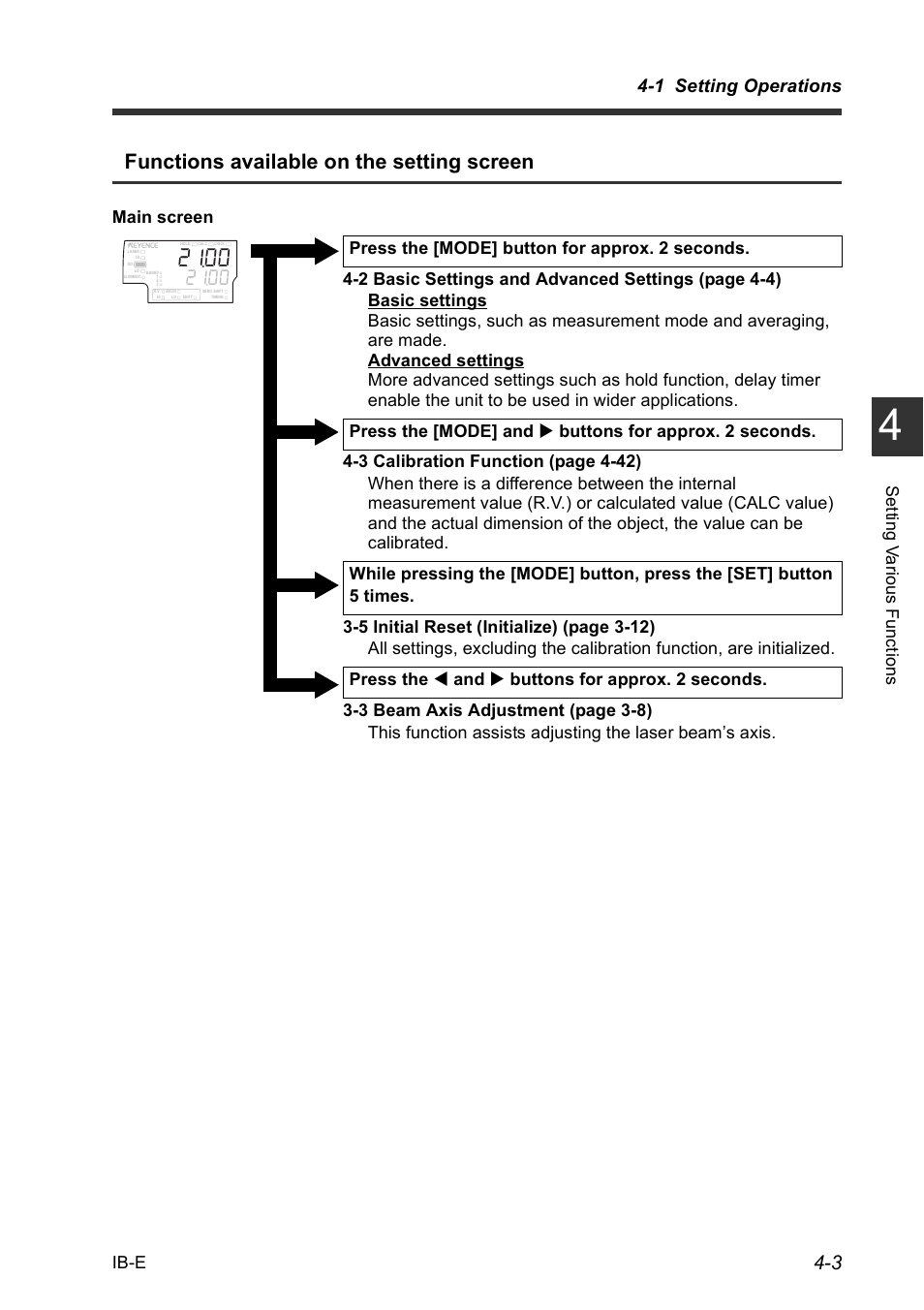 Functions available on the setting screen, 1 setting operations, Ib-e | Set ting v a rious f unct ions | KEYENCE IB Series User Manual | Page 55 / 124
