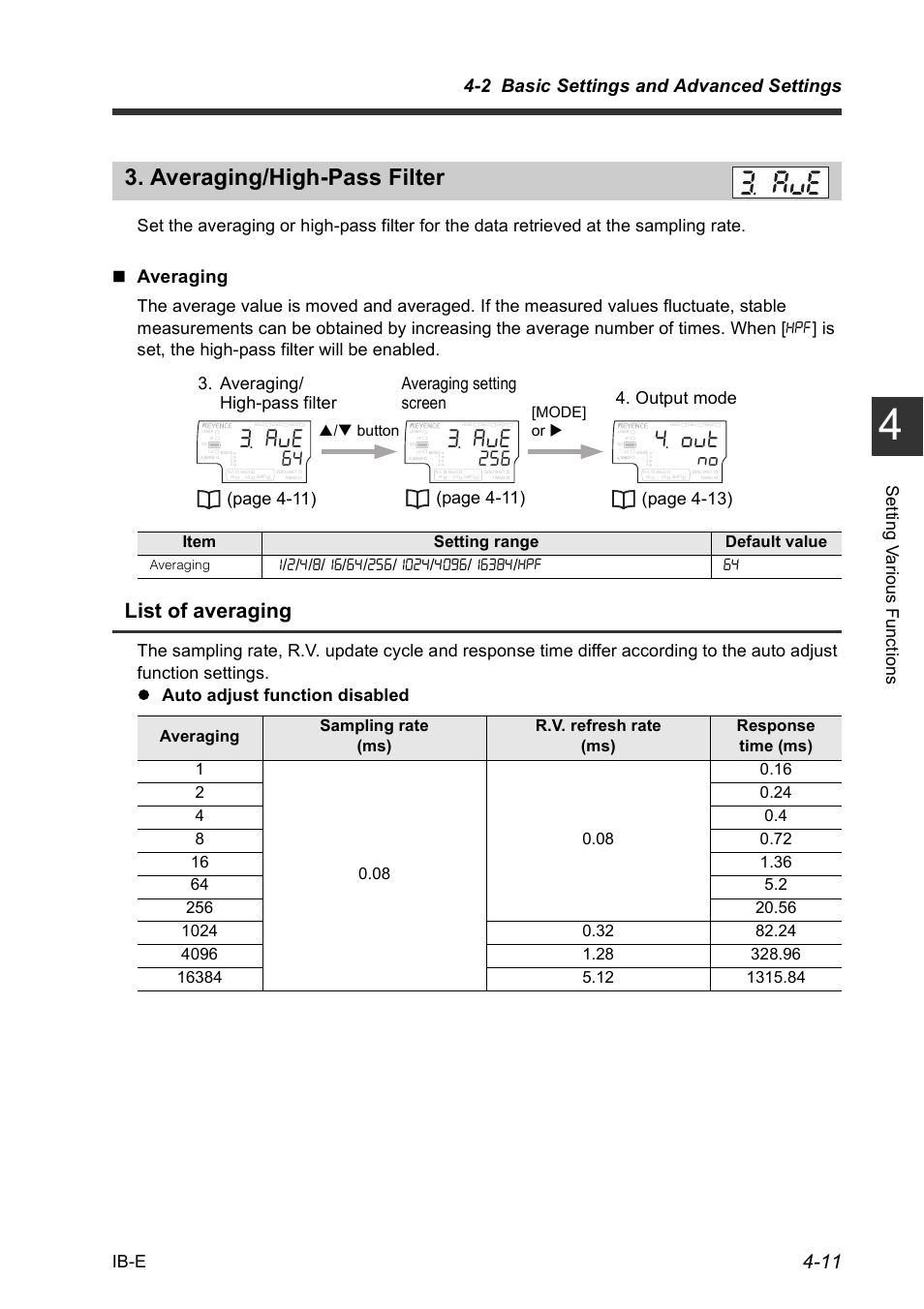 Averaging/high-pass filter, Averaging/high-pass filter -11, List of averaging | 2 basic settings and advanced settings, Averaging, Ib-e, Page 4-11), Item setting range default value, Button [mode] or | KEYENCE IB Series User Manual | Page 63 / 124