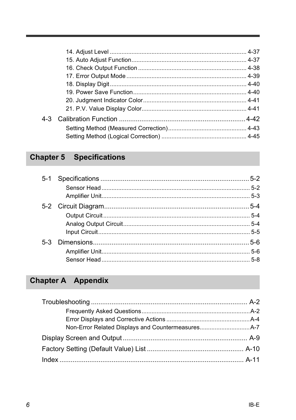 Chapter 5 specifications, Chapter a appendix | KEYENCE IB Series User Manual | Page 8 / 124