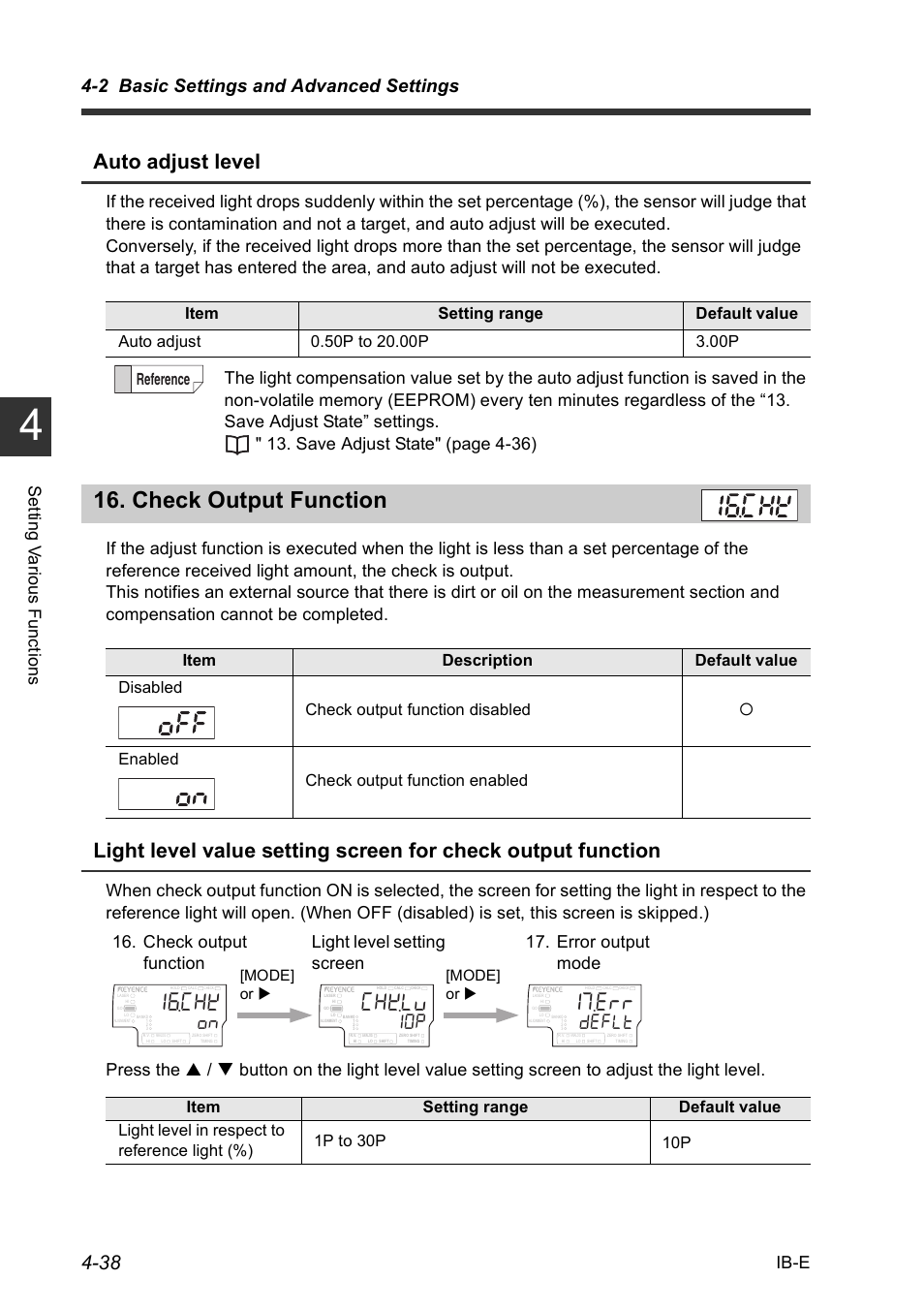 Check output function, Check output function -38, Auto adjust level | F'(.v, 2 basic settings and advanced settings, Set ting v a rious f unct ions ib-e, Check output function light level setting screen, Error output mode, Mode] or | KEYENCE IB Series User Manual | Page 90 / 124