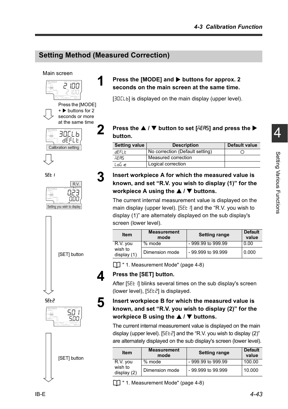 Setting method (measured correction), Setting method (measured correction) -43, F'(.6 | 3 calibration function, Press the [set] button, Ib-e, Set ting v a rious f unct ions, Main screen, Measurement mode